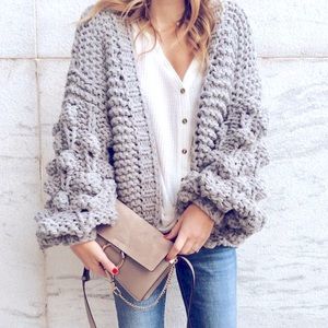 Gray Pom Pom Sleeve Knit Chunky Cardigan
